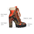 Good quality shoes Big size 11 high block heel  thick chunky platform sole Camouflage lace up ankle women boot